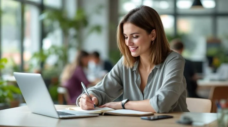 Frau mit Laptop in einem hellen Coworking Space in Erlangen, konzentriert beim Lernen